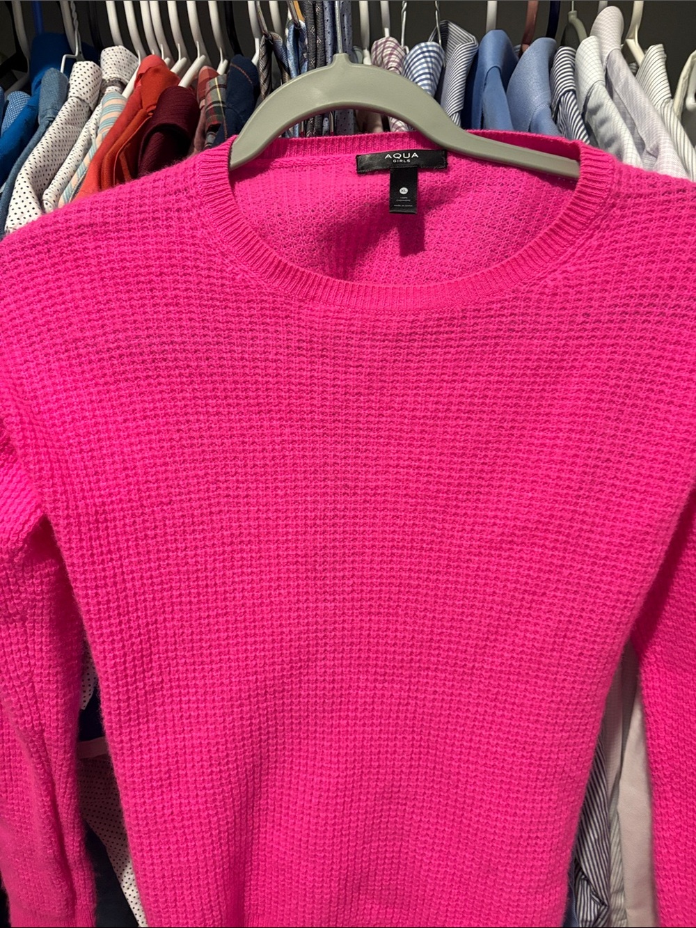 Aqua Hot Pink Waffle Knit Crewneck Sweater